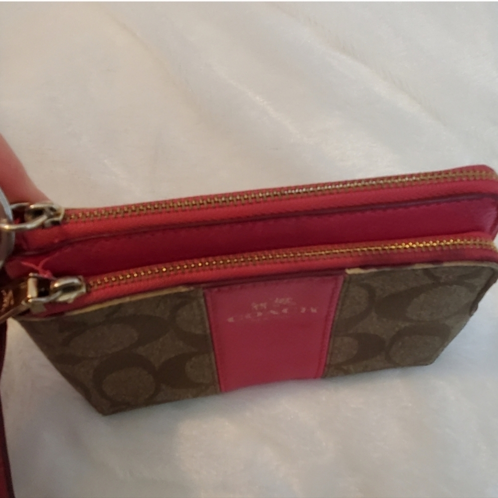 Coach Signature Print Wristlet Wallet Brown And Pink - Picture 6 of 9